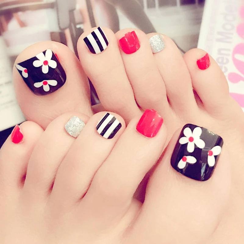 24pcs Artificial Fake Toe Nails Flower False Nail Tips For Summer Holiday J31 | Красота и здоровье