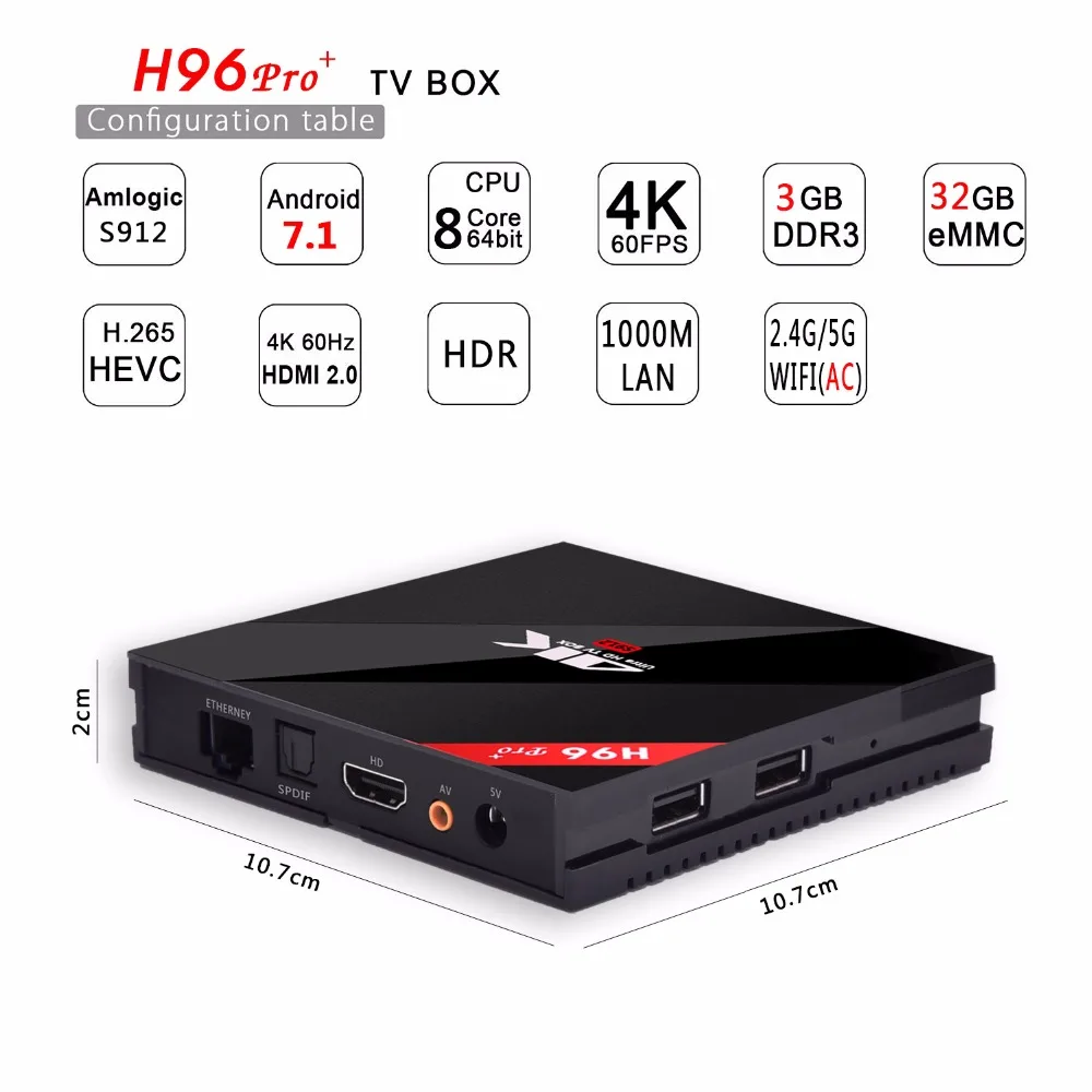 

H96 Pro Plus Android 7.1 TV Box Amlogic S912 Octa Core Ram 3G/32G Set top Box 2.4G/5.8GHz Wifi BT4.1 1000M 4K 3D HD Media Player