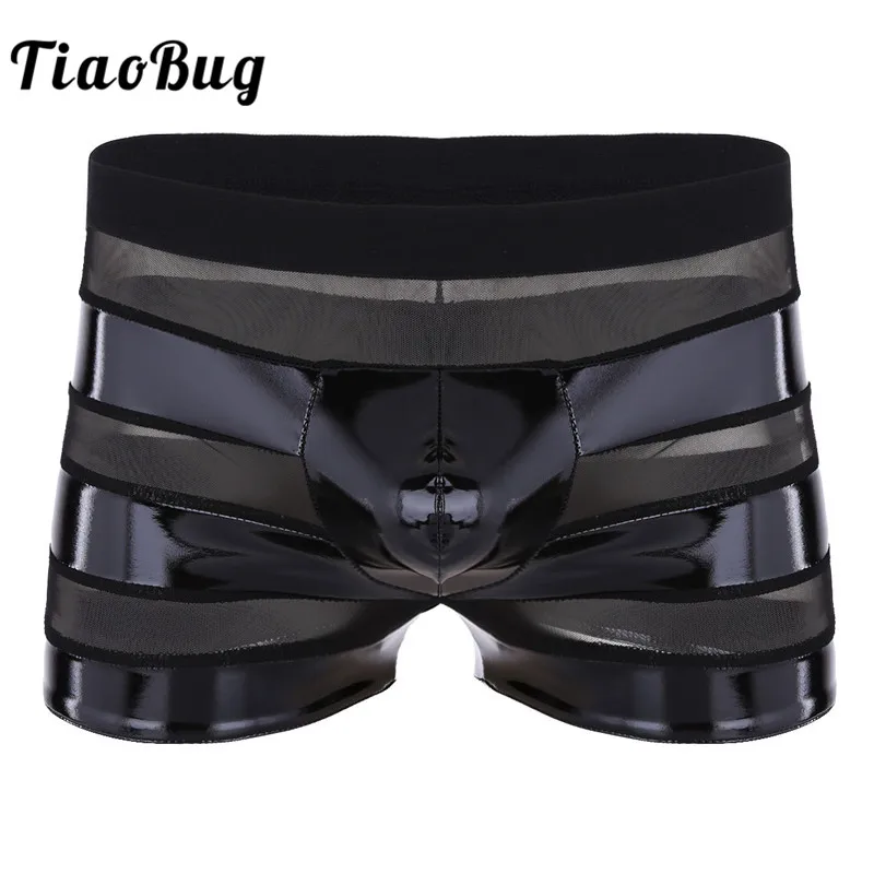 TiaoBug Mens Black Lingerie Wetlook Faux Leather Mesh Patchwork Stripe Low Rise Boxer Sexy Men Bulge pouch Underwear Panties
TiaoBug Mens Black Lingerie Wetlook Faux Leather Mesh Patchwork Stripe Low Rise Boxer Sexy Men Bulge pouch Underwear Panties