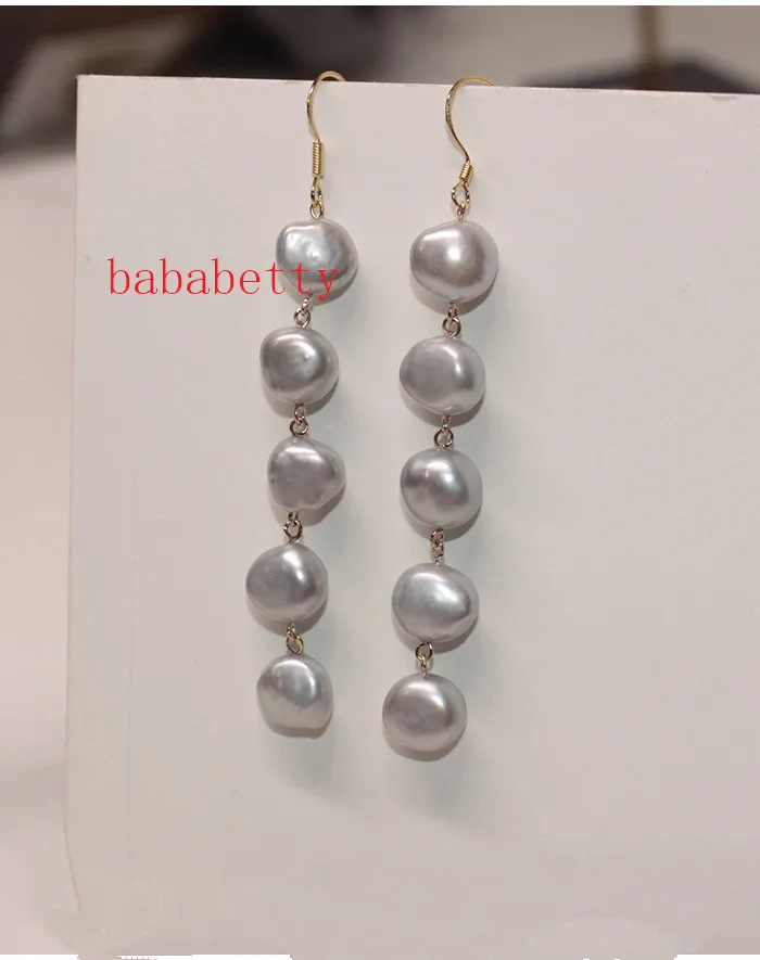 Simple and elegant baroque white irregular natural freshwater pearl 8-9MM Tibetan silver earrings LONG 7CM | Украшения и