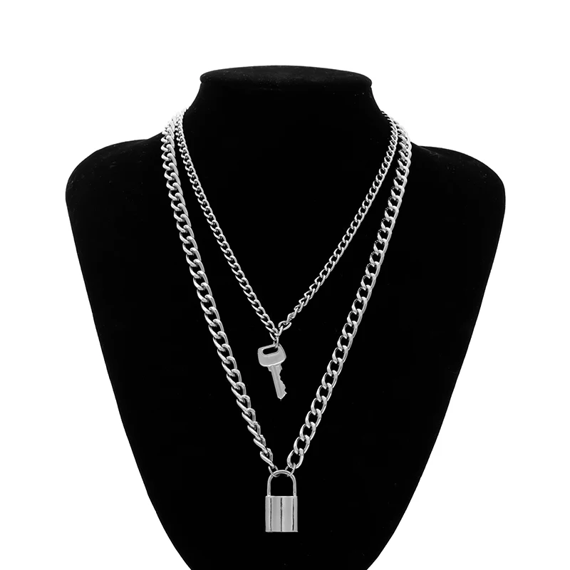 Women Jewelry Silver Color PadLock Key Pendant Necklace Multilayer Stainless Steel Rolo Cable Chain Friendship Gifts | Украшения и