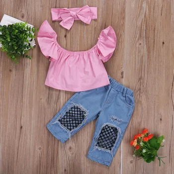 3PCS/Set Toddler Kids Girl Clothing 2020 Fashion Off shoulder Pink T-shirt Tops+Hole Net Jean Denim Pant Headband Outfit Clothes
3PCS/Set Toddler Kids Girl Clothing 2020 Fashion Off shoulder Pink T-shirt Tops+Hole Net Jean Denim Pant Headband Outfit Clothes