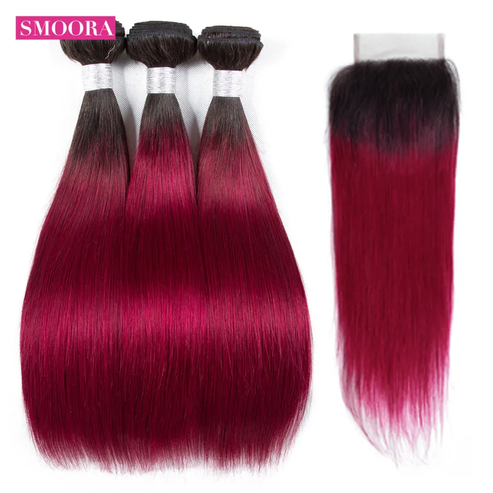 straight ombre hair 1b burgundy 3 bundle with closure free part