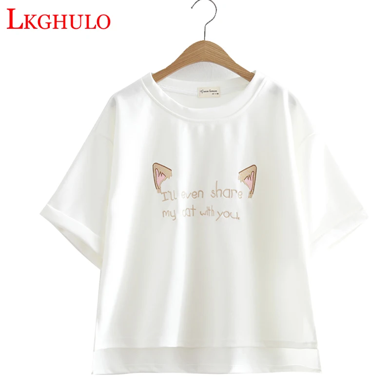 LKGHULO 2018 летняя Новинка Harajuku Женская футболка с кошачьими ушками и вышитыми