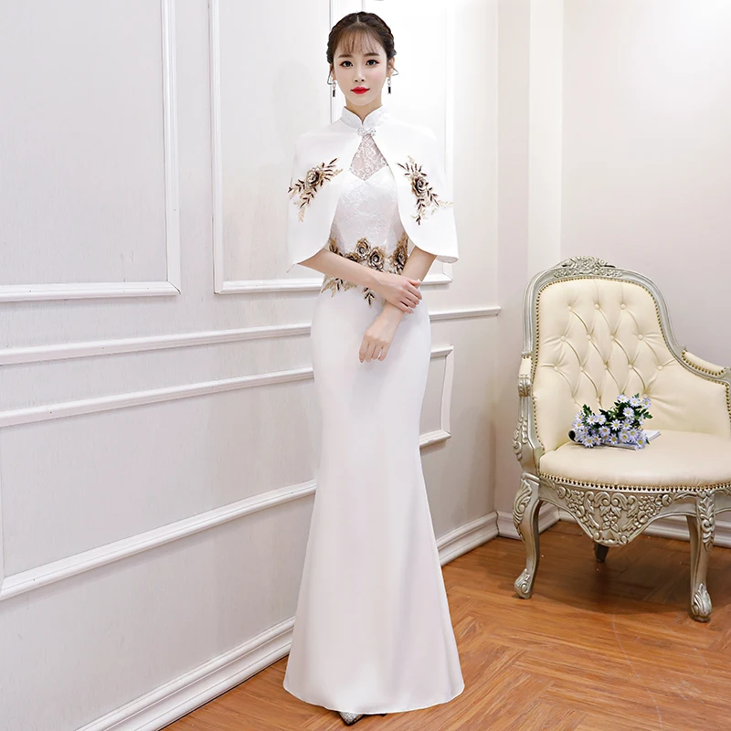 White Elegant Lace Floral Women Cheongsam Vintage Mandarin Collar Qipao Sexy Slim Mermaid Evening Dress Vestidos With Cape
White Elegant Lace Floral Women Cheongsam Vintage Mandarin Collar Qipao Sexy Slim Mermaid Evening Dress Vestidos With Cape
