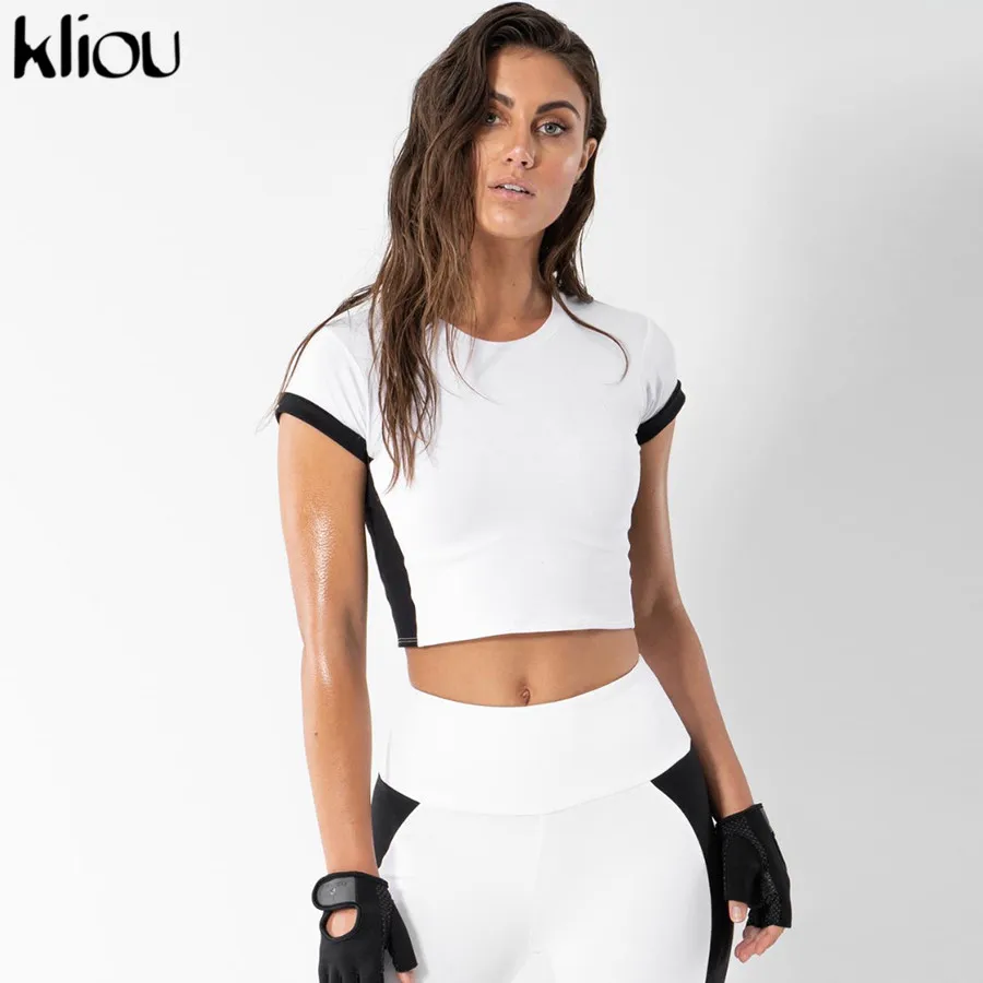 Kliou women fitness 2 pieces sets black white patchwork Active Wear short sleeve top sporting elastic high waist leggings sets
Kliou women fitness 2 pieces sets black white patchwork Active Wear short sleeve top sporting elastic high waist leggings sets