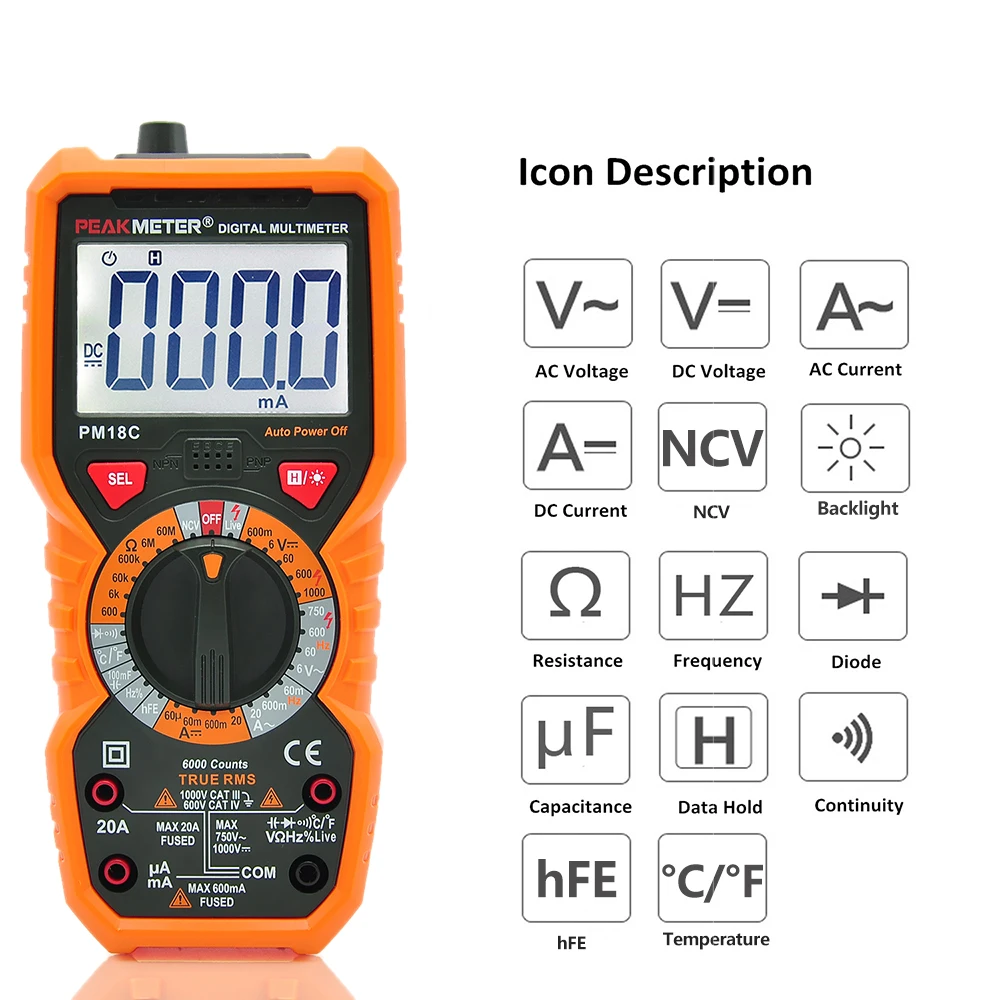 PEAKMETER PM18C Digital Multimeter AC/DC Voltage Current Resistance Capacitance Frequency Temperature hFE NCV Live Line Tester
PEAKMETER PM18C Digital Multimeter AC/DC Voltage Current Resistance Capacitance Frequency Temperature hFE NCV Live Line Tester