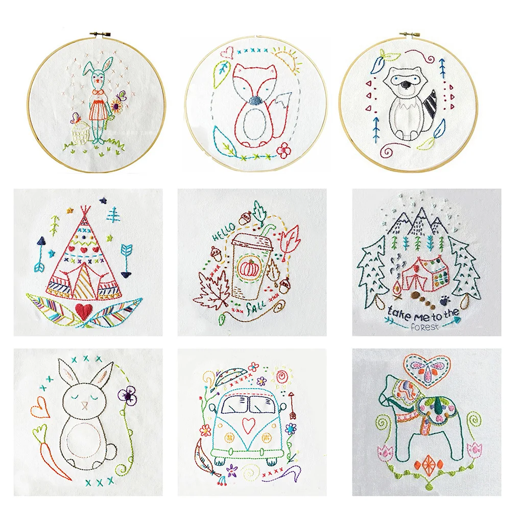 Embroidery Kit, Cartoon Hand Embroidery Cross Stitch Starter Needlepoint Crafts Kit with Cloth,Threads and Tools for Home Decor