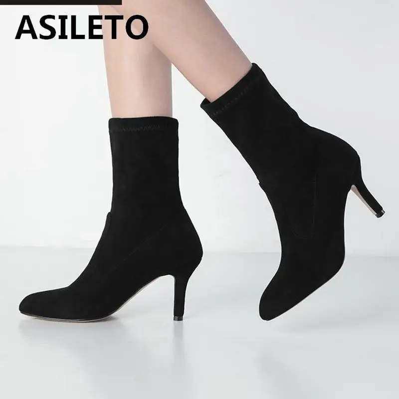 ASILETO Ankle Sock Boots Slim thin Mid High Heels Pointed toe Suede slip on Stretch Women Spring Autumn Booties Size 43 bottines
ASILETO Ankle Sock Boots Slim thin Mid High Heels Pointed toe Suede slip on Stretch Women Spring Autumn Booties Size 43 bottines