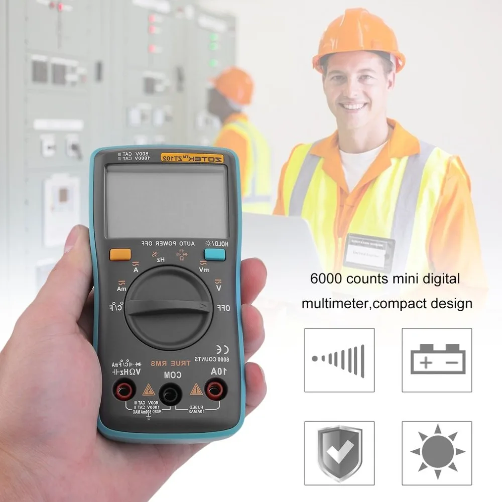 ZT102 Digital Multimeter 6000 Counts Backlight AC/DC Meter Ammeter Voltmeter Low Voltage Indication Portable Meter
ZT102 Digital Multimeter 6000 Counts Backlight AC/DC Meter Ammeter Voltmeter Low Voltage Indication Portable Meter