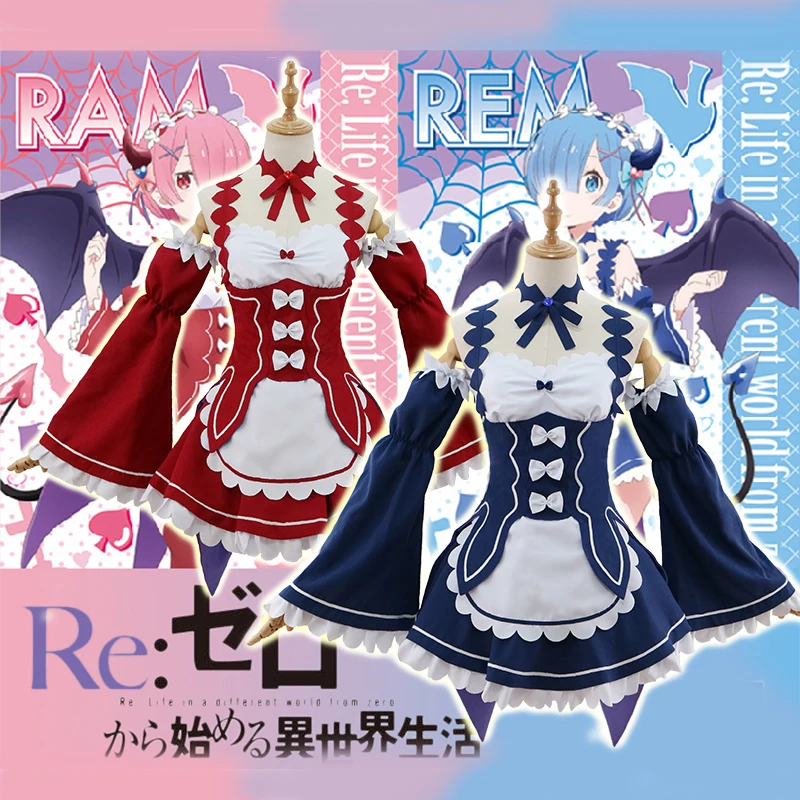 Re: Zero Life в другом мире от Rem Ram Косплей Взрослый Костюм Маленький Дьявол платье