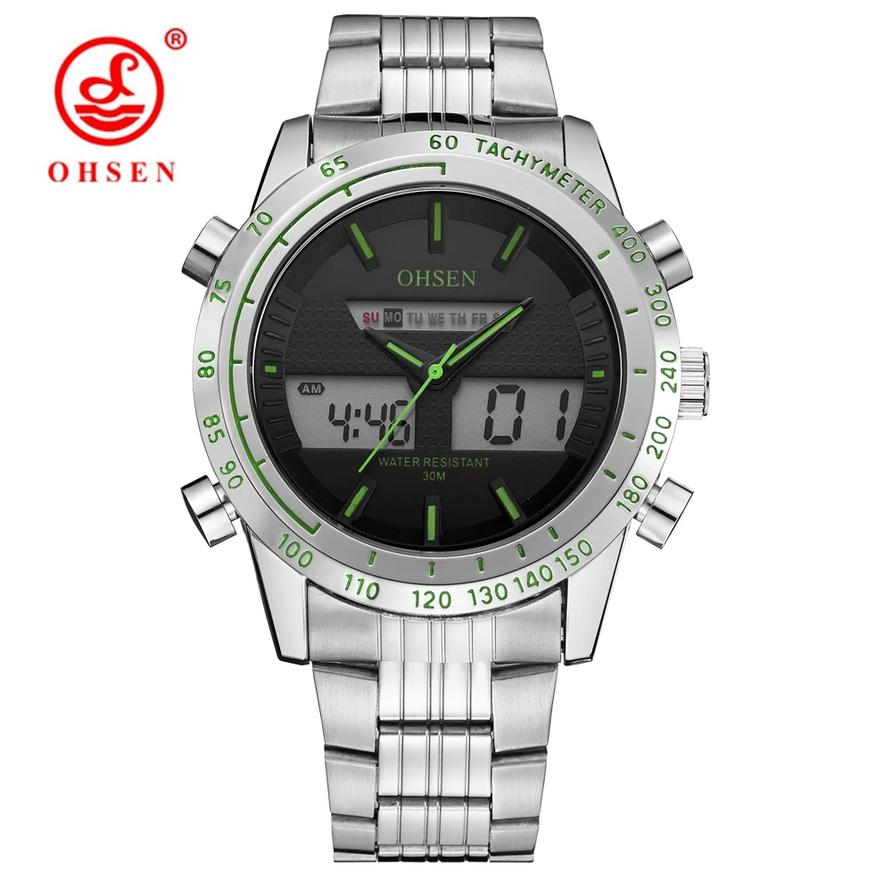 2017 New OHSEN Digital Quartz Sports LED Men Watch Alarm date Stainless Steel Band Fashion Green 30M diving military wristwatch
2017 New OHSEN Digital Quartz Sports LED Men Watch Alarm date Stainless Steel Band Fashion Green 30M diving military wristwatch