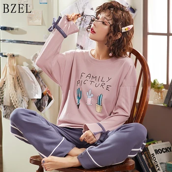 

BZEL Cotton Pajamas For Women Cartoon Cactus Pajamas Sets Long Sleeve O-neck Top+Pants Winter Leisure Home Cloth Pijama Feminino