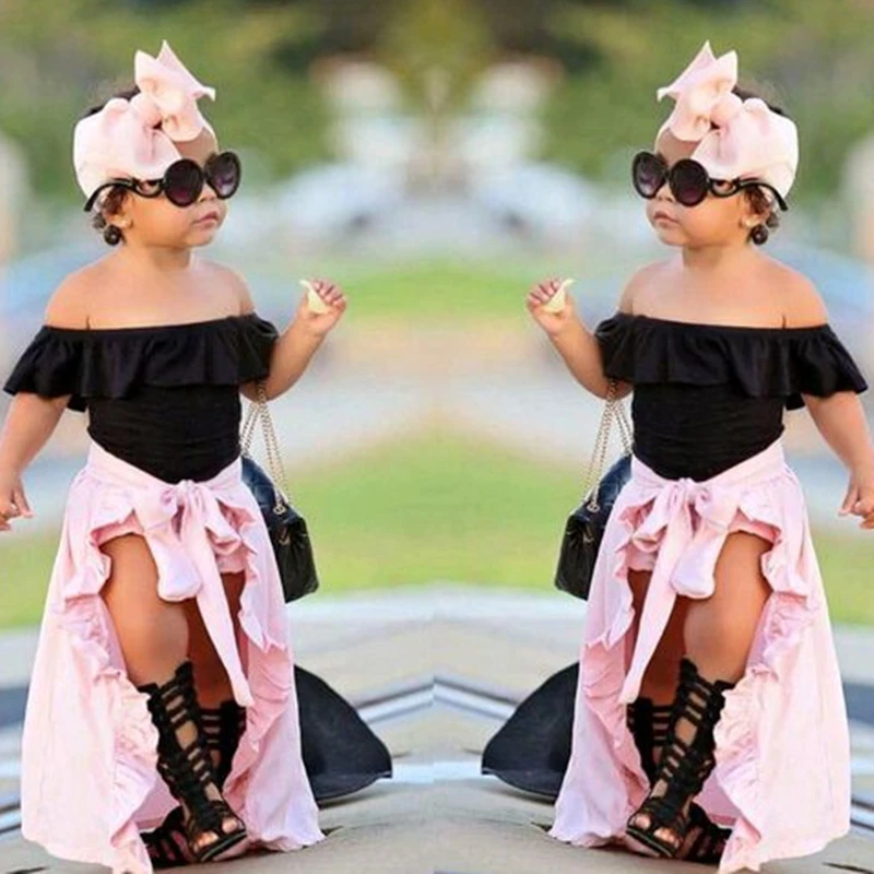 Girls Fashion 3Pcs Children Clothing Set Kids Off Shoulder Top Black Pink Shorts Flutter Dress Girls Shorts Sets In Kids Summer
Girls Fashion 3Pcs Children Clothing Set Kids Off Shoulder Top Black Pink Shorts Flutter Dress Girls Shorts Sets In Kids Summer