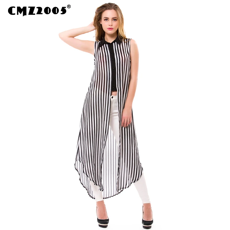 New Fashion England Style Summer Women's Black White Striped Long Shirt Turn-down Collar Sleeveless Loose Tops Lady Blouse 71142
New Fashion England Style Summer Women's Black White Striped Long Shirt Turn-down Collar Sleeveless Loose Tops Lady Blouse 71142