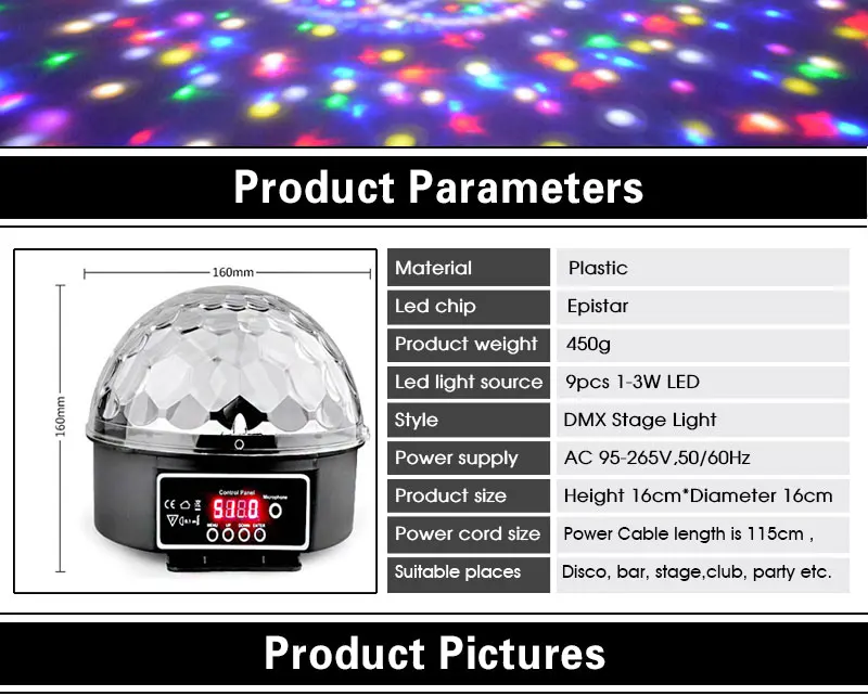 TRANSCTEGO 9 Colors 27W Crystal Magic Ball Led Stage Lamp 21 Mode Disco Laser Light Party Lights Sound Control DMX Lumiere Laser 22