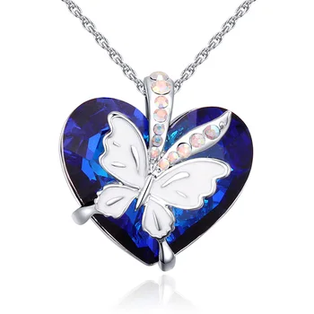 

Fashion Blue Heart Pendant Necklace Crystals From Swarovski Butterfly Necklaces & Pendants For For Valentine'S Day Gift Of Love