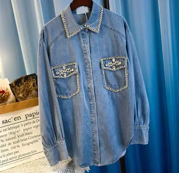 2019 spring new women's fashion beaded diamond long-sleeve denim shirt female casual loose top 1954
2019 spring new women's fashion beaded diamond long-sleeve denim shirt female casual loose top 1954