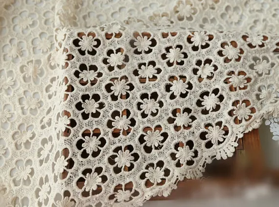 cream cotton lace fabric, crochet hollow out daisy flower fabric for girl / women dress supplies
cream cotton lace fabric, crochet hollow out daisy flower fabric for girl / women dress supplies