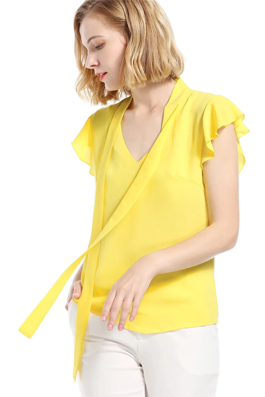 Gladiolus 2018 Summer Chiffon Blouse Women Lace Up V-Neck Butterfly Sleeve Yellow Slim Fashion Women Blouse Shirt Elegant Tops (10)