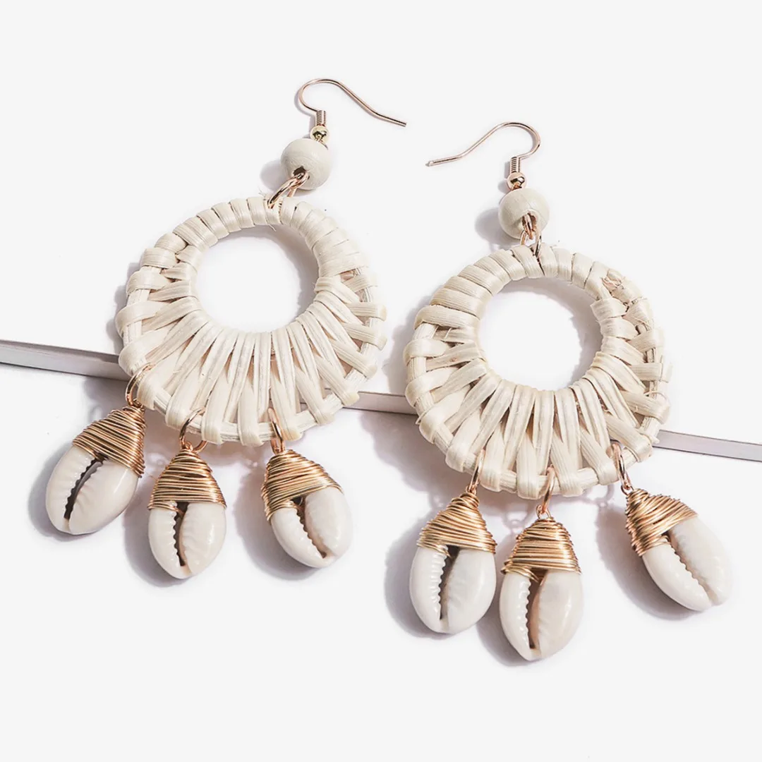 Boho Handmade Wooden Big Hollow Round Rattan Straw Weave Shell Drop Earring for Women Girl Korean Statement Wedding Jewelry