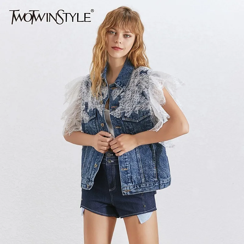 TWOTWINSTYLE Korean Denim Lace Patchwork Vest Female Lapel Collar Sleeveless Off Shoulder Clothing Women Fashion New 2019 Summer
TWOTWINSTYLE Korean Denim Lace Patchwork Vest Female Lapel Collar Sleeveless Off Shoulder Clothing Women Fashion New 2019 Summer