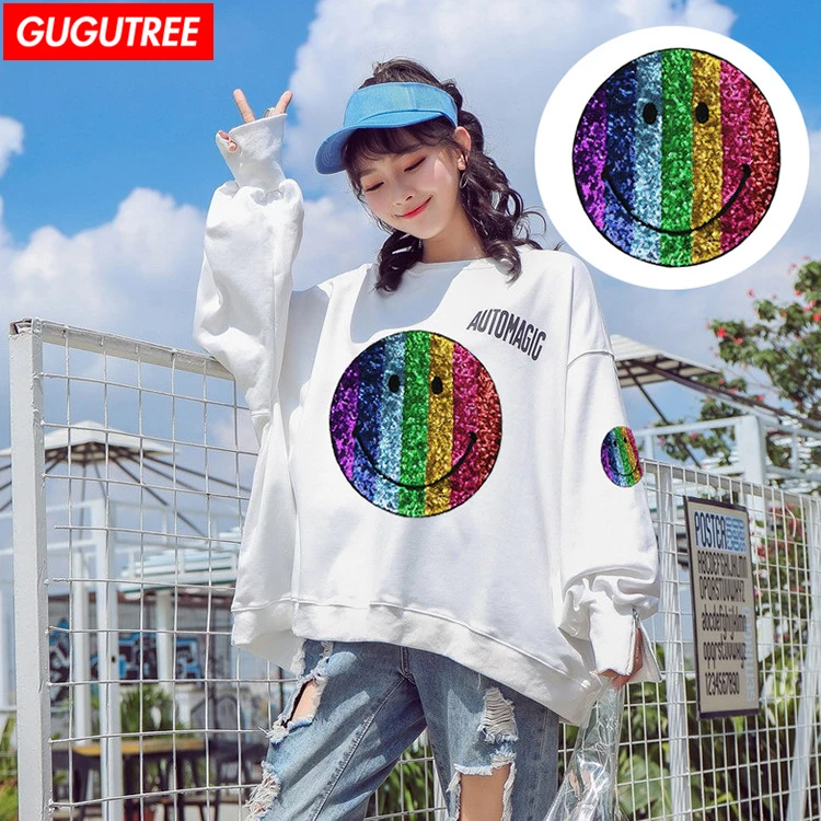 GUGUTREE embroidery paillette big smile face patches rainbow patches badges patches for jackets
GUGUTREE embroidery paillette big smile face patches rainbow patches badges patches for jackets
