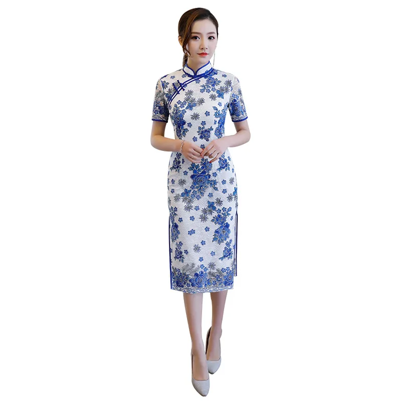 Hot Sale Traditional China Lady blue and white porcelain Qipao Women's Short Lace Cheongsam Elegant Slim Dress Size S-XXL
Hot Sale Traditional China Lady blue and white porcelain Qipao Women's Short Lace Cheongsam Elegant Slim Dress Size S-XXL