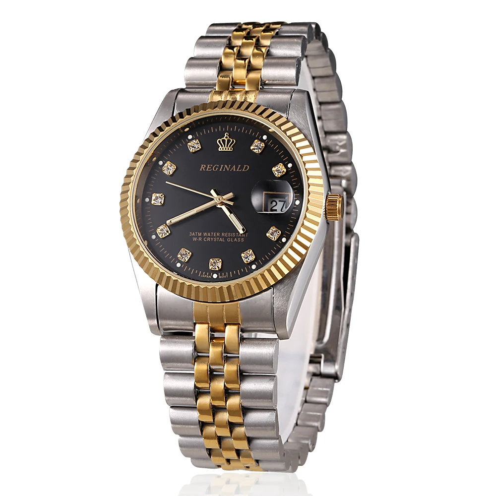 

REGINALD Brand Mens Dress Style business watch Steel wristband Golden Men Quartz Watch Valentine's Day present For Man
