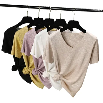 Lurex Short Sleeve Knitted Tee Shirt Women Tops Pullovers Loose T shirt Fashion Elasticity Female Tops 2020 V-neck Shirt Summer
Lurex Short Sleeve Knitted Tee Shirt Women Tops Pullovers Loose T shirt Fashion Elasticity Female Tops 2020 V-neck Shirt Summer