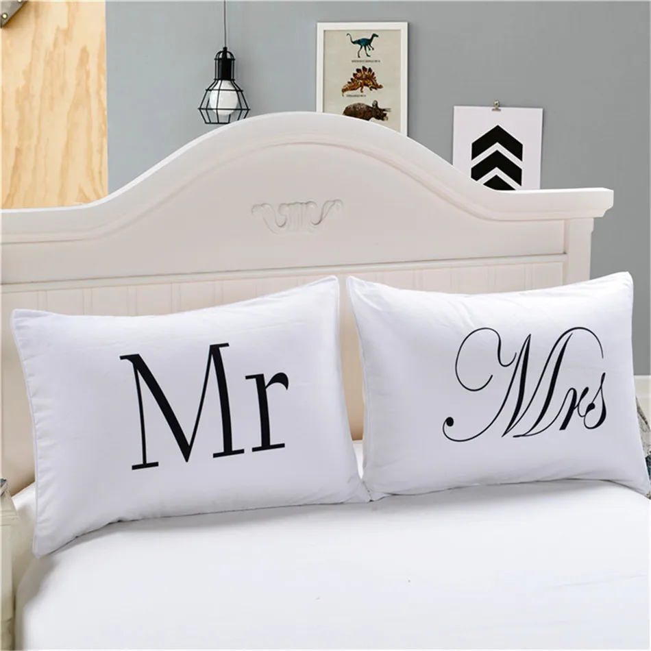 MR MRS Decorative White Couple Pillow Case Pillowcase Cover Home Decoration Gift One Pair Pillows Bedding Set Bedding Outlet(1)