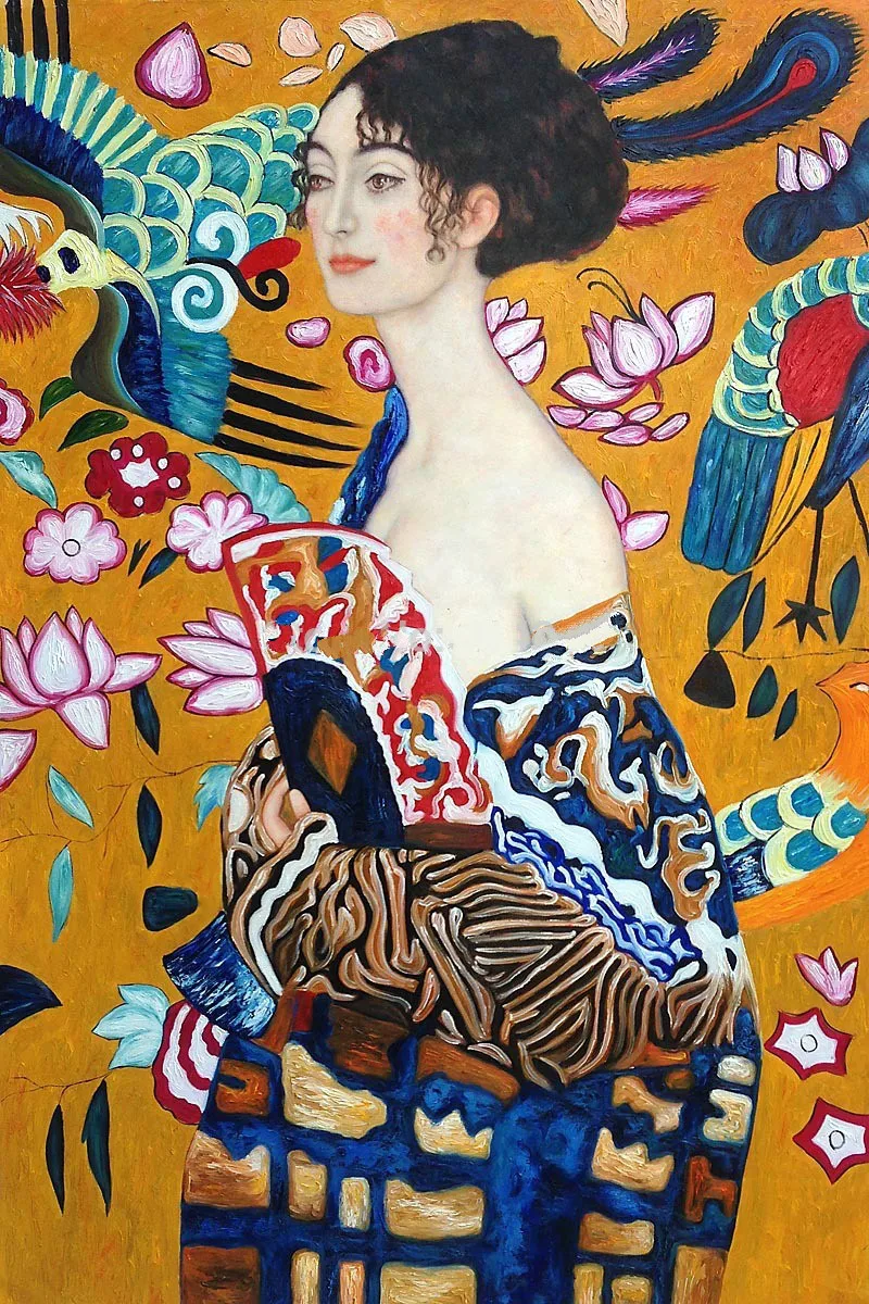 Handpainted Portrait Oil Paintings Unframed -Signora con Ventaglio Interpretation by Gustav Klimt Painting for Wall Decoration
Handpainted Portrait Oil Paintings Unframed -Signora con Ventaglio Interpretation by Gustav Klimt Painting for Wall Decoration