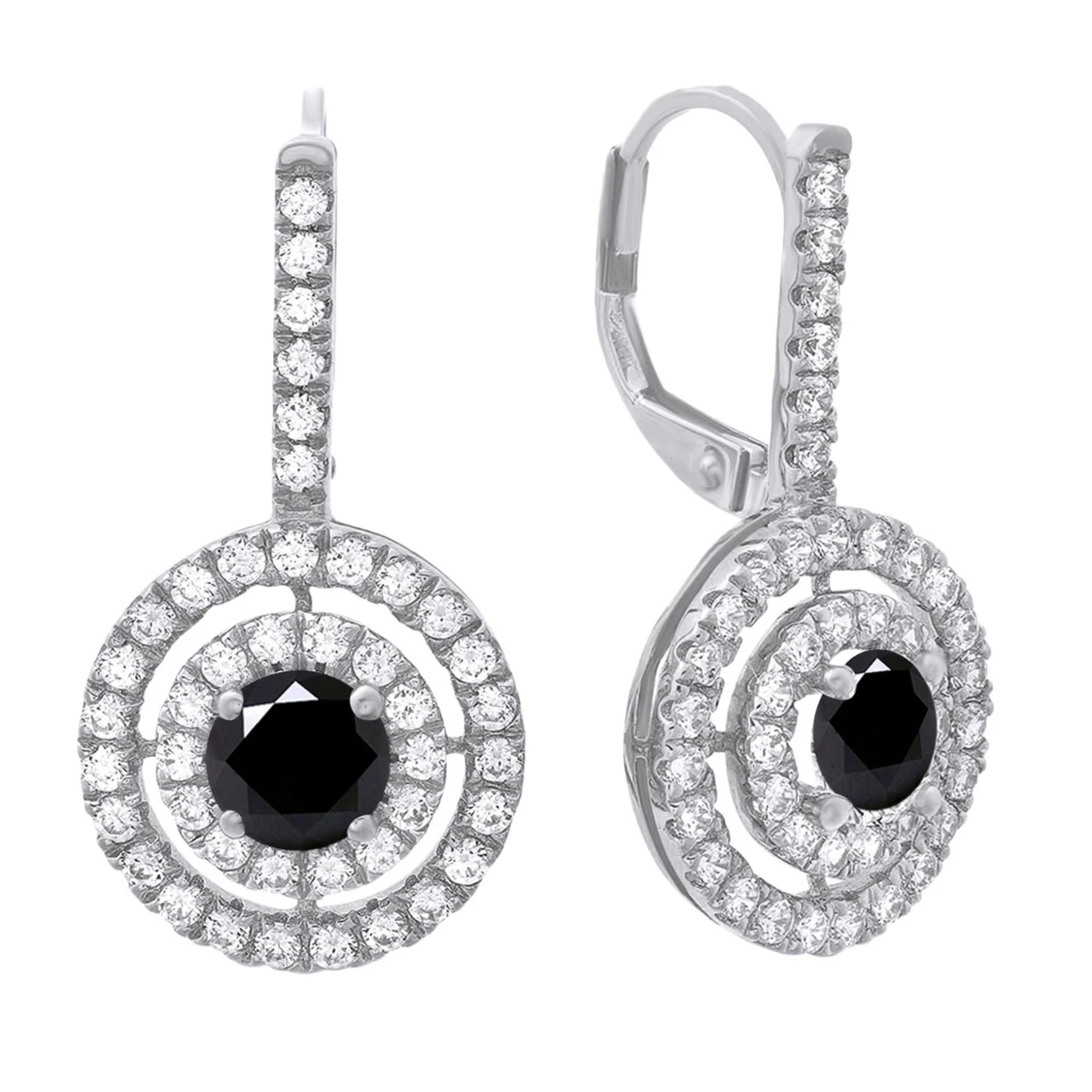 1.75 CT BLACK MOISSANITE 10K WHITE GOLD DOUBLE HALO DROP EARRINGS