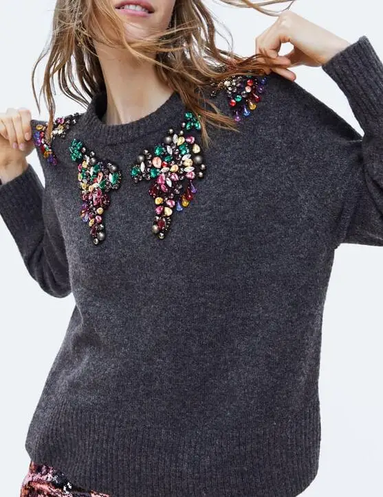 Dark Gray JEWELLED SWEATER Round Neck Front Colorful Gem Deatil Drop Shoulder Loose Knitwear Jersey top For Woman Autumn 2018
Dark Gray JEWELLED SWEATER Round Neck Front Colorful Gem Deatil Drop Shoulder Loose Knitwear Jersey top For Woman Autumn 2018