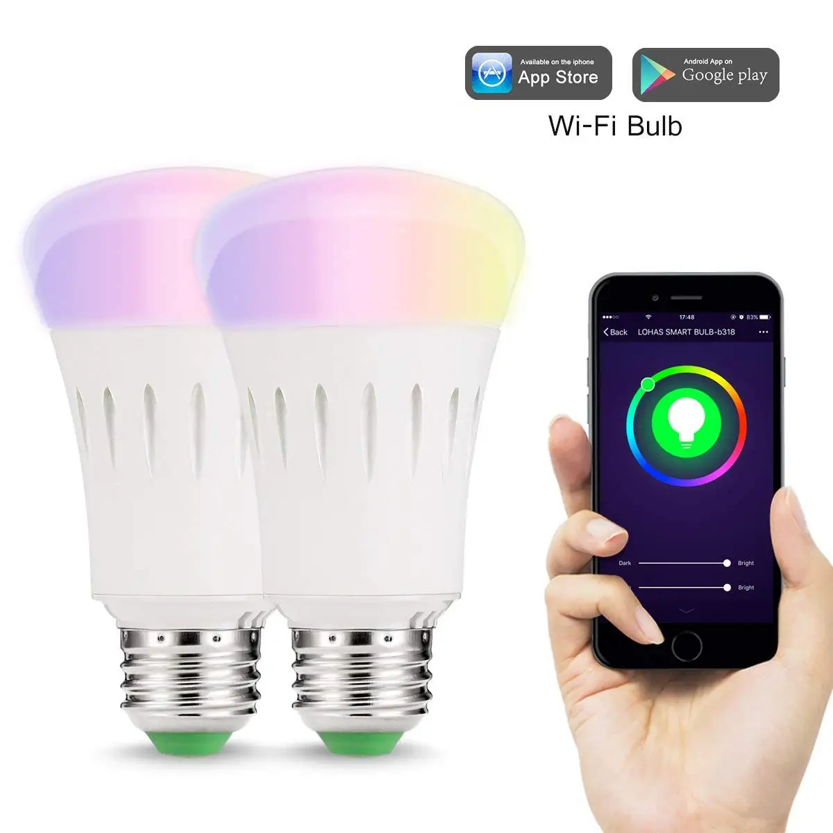 Wifi Smart LED Light Bulb E27 RGB Multi Color Dimmable Daylight Night Timer App Control Compatible with Alexa,Google Home-2PACK
Wifi Smart LED Light Bulb E27 RGB Multi Color Dimmable Daylight Night Timer App Control Compatible with Alexa,Google Home-2PACK