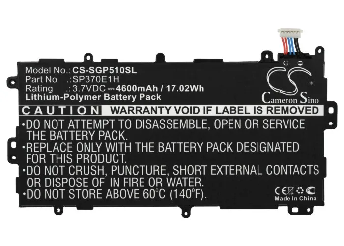 Cameron Sino 4600mAh Battery SP3770E1H for Samsung Galaxy Note 8.0, Galaxy Note 8.0 32GB, GT-N5100, GT-N5110, GT-N5120, SGH-I467
Cameron Sino 4600mAh Battery SP3770E1H for Samsung Galaxy Note 8.0, Galaxy Note 8.0 32GB, GT-N5100, GT-N5110, GT-N5120, SGH-I467