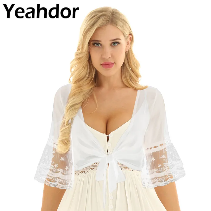 Women Elegant Deep V Neck 3/4 Flare Sleeve Tie Front Crop Top Kimono Blouse Cropped Cardigan Chiffon Bridal Shawl Wedding Shrug
Women Elegant Deep V Neck 3/4 Flare Sleeve Tie Front Crop Top Kimono Blouse Cropped Cardigan Chiffon Bridal Shawl Wedding Shrug