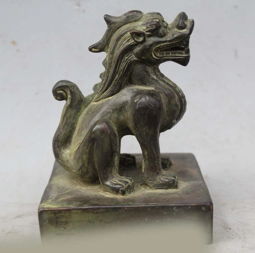 DS 10"Chinese China Dynasty King Emperor Bronze Kylin Beast Statue Seal stamper