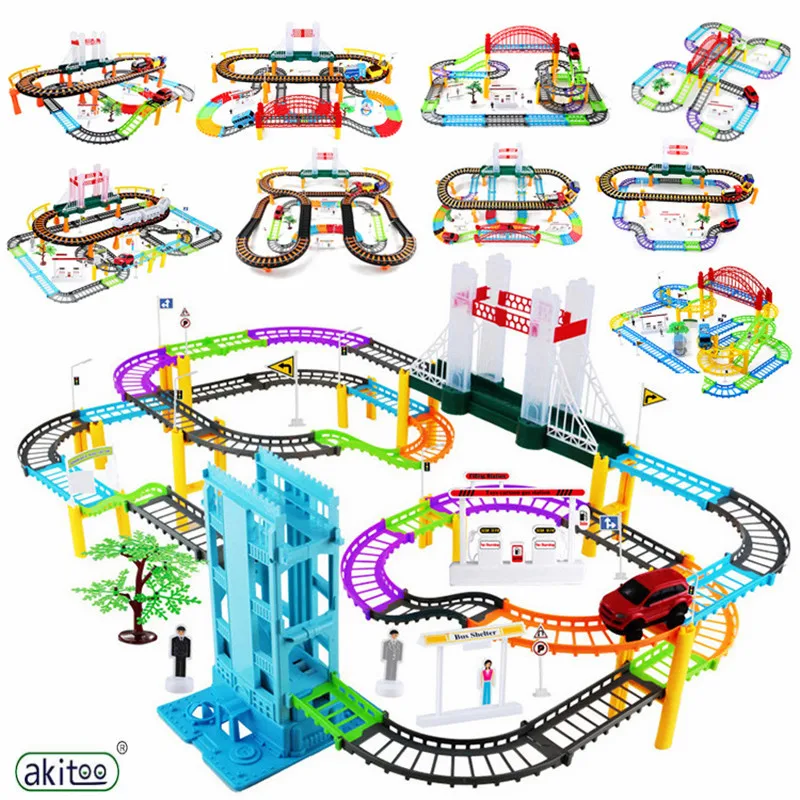 akitoo Children's cartoon sound and light electric rail car assembled train multi-layer educational toys multi-function |