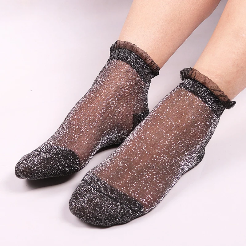 

5Colors Women Lace Socks Summer Fashion Shiny Crystal Glass Silk Thin Ankles Short Sock Transparent Glitter Elastic Sox meias