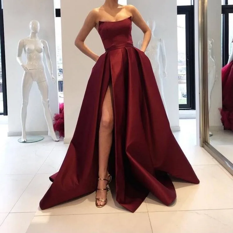 Abiye Burgundy Long Evening Gowns Sexy Prom Gowns High Side Split A-line Formal Gowns With Pockets Lace Up Robe De Soiree
Abiye Burgundy Long Evening Gowns Sexy Prom Gowns High Side Split A-line Formal Gowns With Pockets Lace Up Robe De Soiree