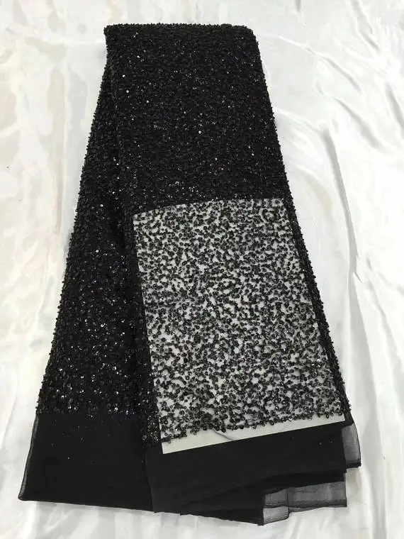 5 yard black bead lace fabric, bridal lace fabric with beads and sequins, heavy bead lace fabric