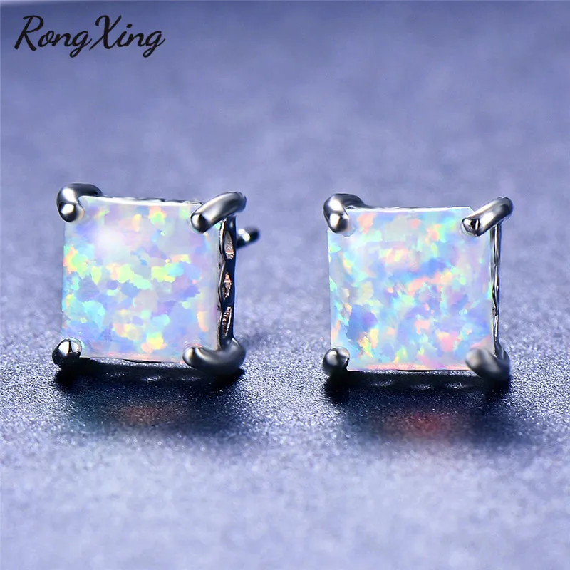 

RongXing White Fire Opal/Zircon Square Stud Earrings for Women 925 Sterling Silver Filled Birthstone Earring Simple Fashion 2019