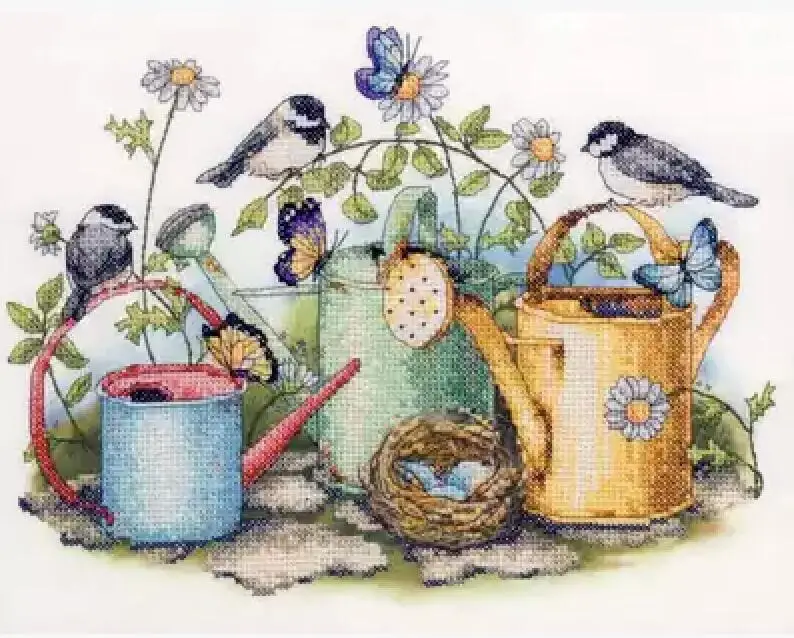 Gold Collection Lovely Counted Cross Stitch Kit Birds Bird Nest Butterflies Butterfly and Watering Pot Garden | Дом и сад
