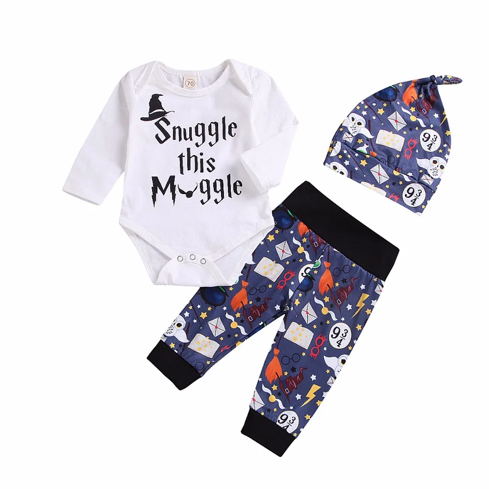 

Baby Boys Girls Clothing Set 2018 Autumn Snuggle This MuggleTops Romper +Halloween Pants+Hat bebe kids Clothes Outfit