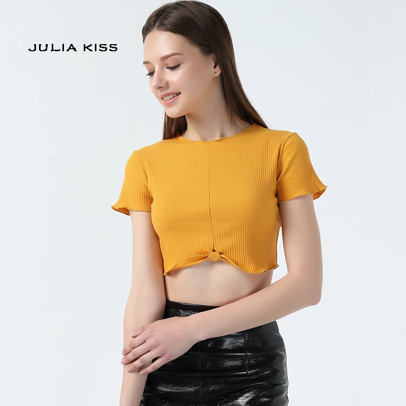 Women Knot Hem Short Sleeve Rib Crop Tee With Ruffled Trimmings Rib Crop Top
Women Knot Hem Short Sleeve Rib Crop Tee With Ruffled Trimmings Rib Crop Top