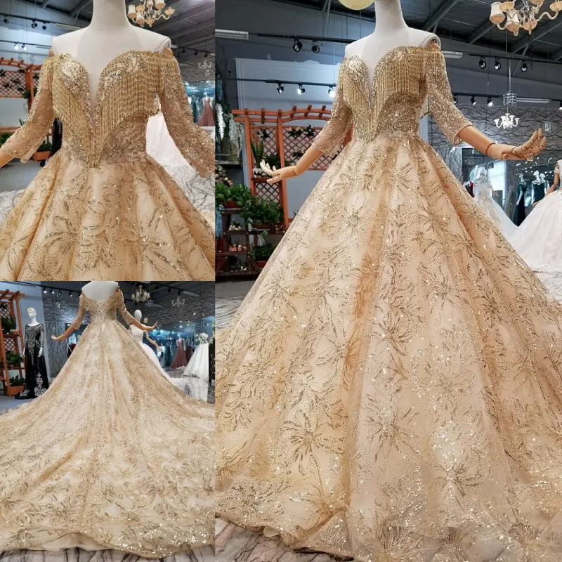 SSYFashion New Luxury Gold Wedding Dress Vintage High-end 3/4 Sleeved Lace Sequins Court Train Party Prom Gowns Vestido De Noiva
SSYFashion New Luxury Gold Wedding Dress Vintage High-end 3/4 Sleeved Lace Sequins Court Train Party Prom Gowns Vestido De Noiva