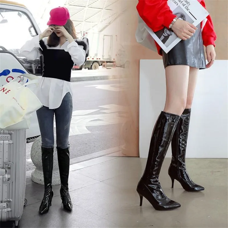 Fashion Japanned Leather Side Zip Platform High Heels Knee High Boots Sexy Steel Pipe Dance Boots Big Size 32-46 Long Boots Shoe (32)