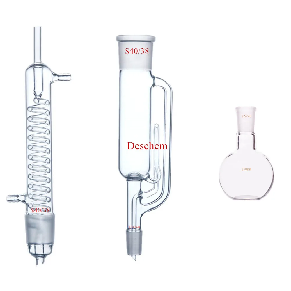250ml,24/40,Glass Soxhlet Extraction Body & Coil Condenser,One Flat Bottom Flask
250ml,24/40,Glass Soxhlet Extraction Body & Coil Condenser,One Flat Bottom Flask