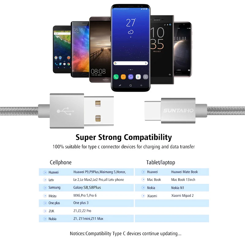 [10 шт. в упаковке] нейлоновый кабель для синхронизации данных Suntaiho Type C 3 1 Samsung Galaxy S8